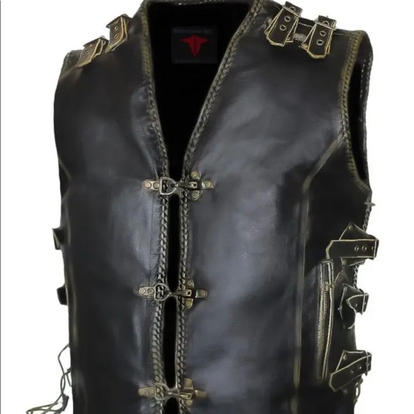 Men’s Motorcycle Distressed Black Side Laced Biker Concealed Carry Leather Vest - Picture 3 of 9